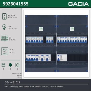 GACIA G64i-431013, 3-fase groepenkast 63A met installatieautomaten, 13-groepen, technische gegevens