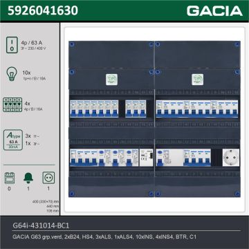 GACIA G64i-431014-BC1, 3-fase groepenkast 63A met installatieautomaten, 14-groepen, beltrafo, 1V-contactdoos, technische gegevens