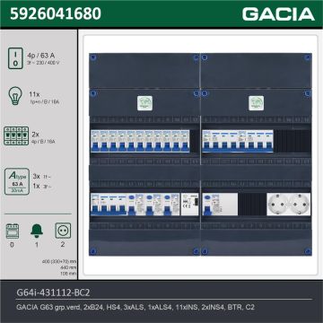 GACIA G64i-431112-BC2, 3-fase groepenkast 63A met installatieautomaten, 13-groepen, beltrafo, 2V-contactdoos, technische gegevens