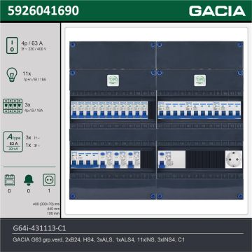 GACIA G64i-431113-C1, 3-fase groepenkast 63A met installatieautomaten, 14-groepen, 1V-contactdoos, technische gegevens