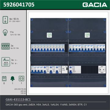 GACIA G64i-431113-BC1, 3-fase groepenkast 63A met installatieautomaten, 14-groepen, beltrafo, 1V-contactdoos, technische gegevens