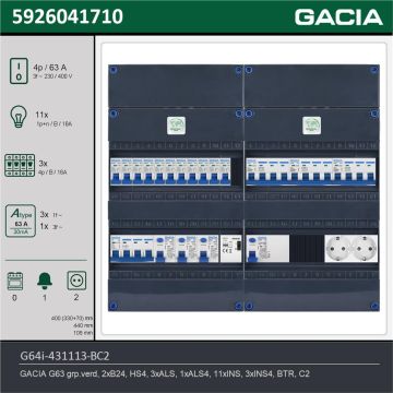 GACIA G64i-431113-BC2, 3-fase groepenkast 63A met installatieautomaten, 14-groepen, beltrafo, 2V-contactdoos, technische gegevens