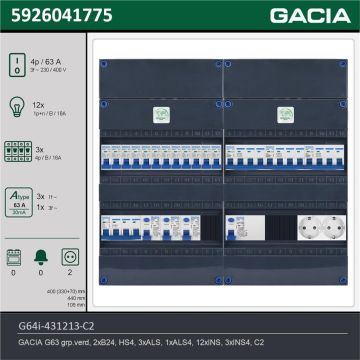 GACIA G64i-431213-C2, 3-fase groepenkast 63A met installatieautomaten, 15-groepen, 2V-contactdoos, technische gegevens