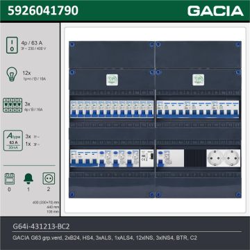 GACIA G64i-431213-BC2, 3-fase groepenkast 63A met installatieautomaten, 15-groepen, beltrafo, 2V-contactdoos, technische gegevens