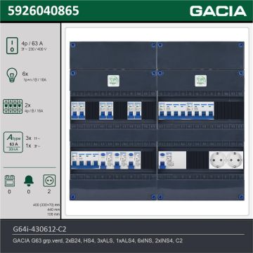 GACIA G64i-430612-C2, 3-fase groepenkast 63A met installatieautomaten, 8-groepen, 2V-contactdoos, technische gegevens
