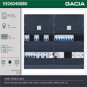 GACIA G64i-430612-BC2, 3-fase groepenkast 63A met installatieautomaten, 8-groepen, beltrafo, 2V-contactdoos, technische gegevens
