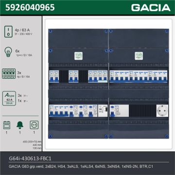 GACIA G64i-430613-FBC1, 3-fase groepenkast 63A met installatieautomaten, 10-groepen, fornuisgroep, beltrafo, 1V-contactdoos, technische gegevens