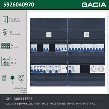 GACIA G64i-430613-FBC2, 3-fase groepenkast 63A met installatieautomaten, 10-groepen, fornuisgroep, beltrafo, 2V-contactdoos, technische gegevens