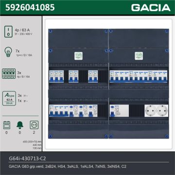 GACIA G64i-430713-C2, 3-fase groepenkast 63A met installatieautomaten, 10-groepen, 2V-contactdoos, technische gegevens