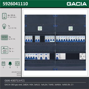 GACIA G64i-430713-FC1, 3-fase groepenkast 63A met installatieautomaten, 11-groepen, fornuisgroep, 1V-contactdoos, technische gegevens