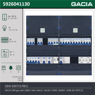 GACIA G64i-430713-FBC2, 3-fase groepenkast 63A met installatieautomaten, 11-groepen, fornuisgroep, beltrafo, 2V-contactdoos, technische gegevens