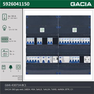 GACIA G64i-430714-BC1, 3-fase groepenkast 63A met installatieautomaten, 11-groepen, beltrafo, 1V-contactdoos, technische gegevens