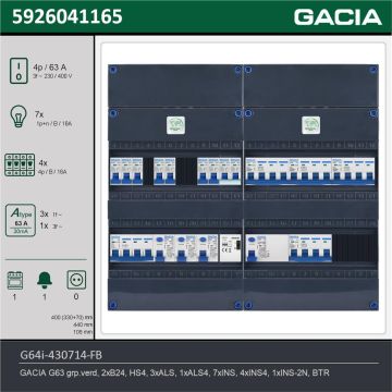 GACIA G64i-430714-FB, 3-fase groepenkast 63A met installatieautomaten, 12-groepen, fornuisgroep, beltrafo, technische gegevens
