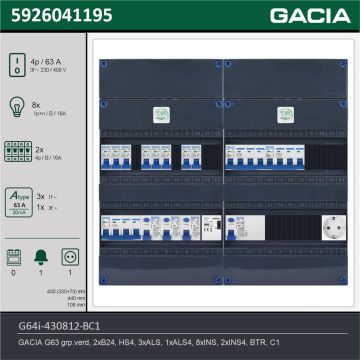 GACIA G64i-430812-BC1, 3-fase groepenkast 63A met installatieautomaten, 10-groepen, beltrafo, 1V-contactdoos, technische gegevens