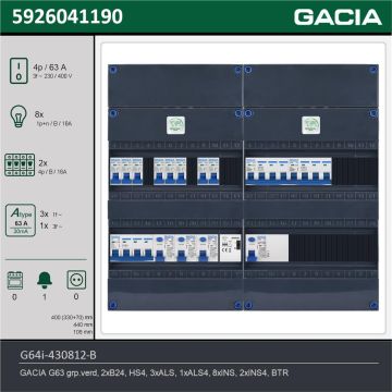 GACIA G64i-430812-B, 3-fase groepenkast 63A met installatieautomaten, 10-groepen, beltrafo, technische gegevens