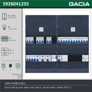 GACIA G64i-430813-BC1, 3-fase groepenkast 63A met installatieautomaten, 11-groepen, beltrafo, 1V-contactdoos, technische gegevens