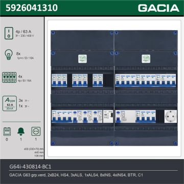 GACIA G64i-430814-BC1, 3-fase groepenkast 63A met installatieautomaten, 12-groepen, beltrafo, 1V-contactdoos, technische gegevens