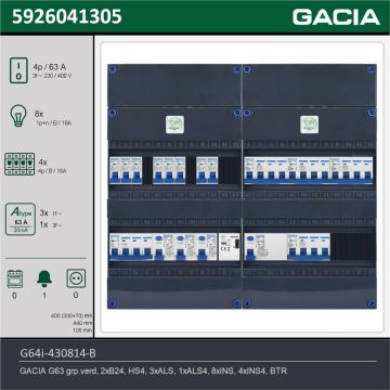 GACIA G64i-430814-B, 3-fase groepenkast 63A met installatieautomaten, 12-groepen, beltrafo, technische gegevens