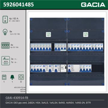 GACIA G64i-430914-FB, 3-fase groepenkast 63A met installatieautomaten, 14-groepen, fornuisgroep, beltrafo, technische gegevens