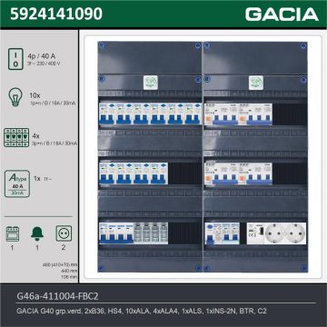GACIA G46a-411004-FBC2, 3-fase groepenkast 40A met aardlekautomaten, 15-groepen, fornuisgroep, beltrafo, 2V-contactdoos, technische gegevens