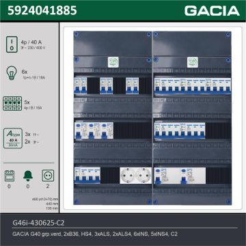 GACIA G46i-430625-C2, 3-fase groepenkast 40A met installatieautomaten, 11-groepen, 2V-contactdoos, technische gegevens