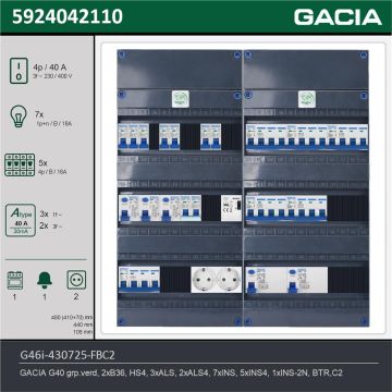 GACIA G46i-430725-FBC2, 3-fase groepenkast 40A met installatieautomaten, 13-groepen, fornuisgroep, beltrafo, 2V-contactdoos, technische gegevens