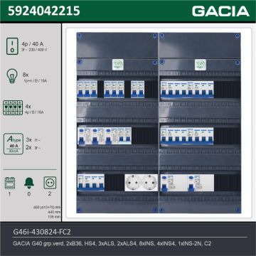 GACIA G46i-430824-FC2, 3-fase groepenkast 40A met installatieautomaten, 13-groepen, fornuisgroep, 2V-contactdoos, technische gegevens