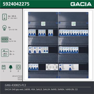 GACIA G46i-430825-FC2, 3-fase groepenkast 40A met installatieautomaten, 14-groepen, fornuisgroep, 2V-contactdoos, technische gegevens