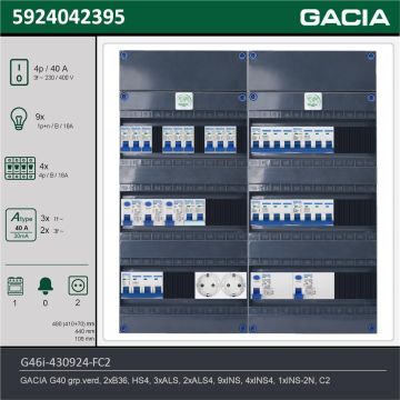GACIA G46i-430924-FC2, 3-fase groepenkast 40A met installatieautomaten, 14-groepen, fornuisgroep, 2V-contactdoos, technische gegevens