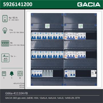GACIA G66a-411104-FB, 3-fase groepenkast 63A met aardlekautomaten, 16-groepen, fornuisgroep, beltrafo, technische gegevens