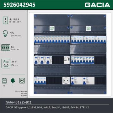 GACIA G66i-431225-BC1, 3-fase groepenkast 63A met installatieautomaten, 17-groepen, beltrafo, 1V-contactdoos, technische gegevens
