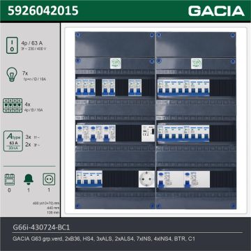 GACIA G66i-430724-BC1, 3-fase groepenkast 63A met installatieautomaten, 11-groepen, beltrafo, 1V-contactdoos, technische gegevens