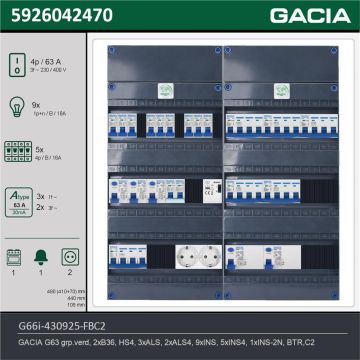 GACIA G66i-430925-FBC2, 3-fase groepenkast 63A met installatieautomaten, 15-groepen, fornuisgroep, beltrafo, 2V-contactdoos, technische gegevens