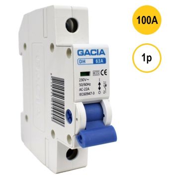 GACIA DH-199, lastschakelaar 1-polig 100A geschikt voor DIN-rail montage - hoofdschakelaar met 1 module breedte, type AC-22A, geleverd door Schotman Elektro