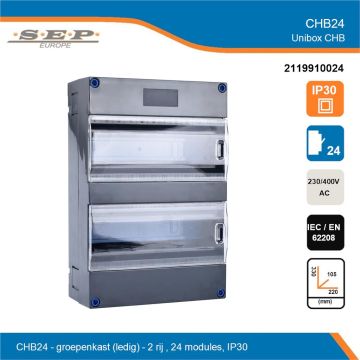 SEP UniBox CHB24 groepenkast – Lege kast met montagerail – 2 rijen 24 modulen - overzicht