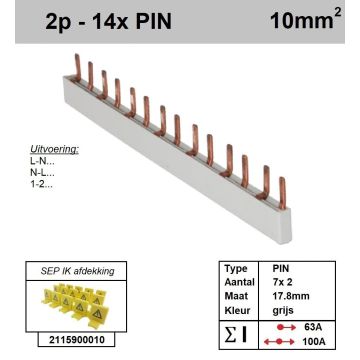 Schotman Elektro - SEP aansluitrail 2 fase PIN 7x2 aansluitingen 17.8mm