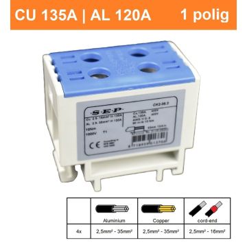 Schotman Elektro - SEP CK2-35.2 verdeelklem 2,5-35mm2 4 aansluitingen blauw grijs